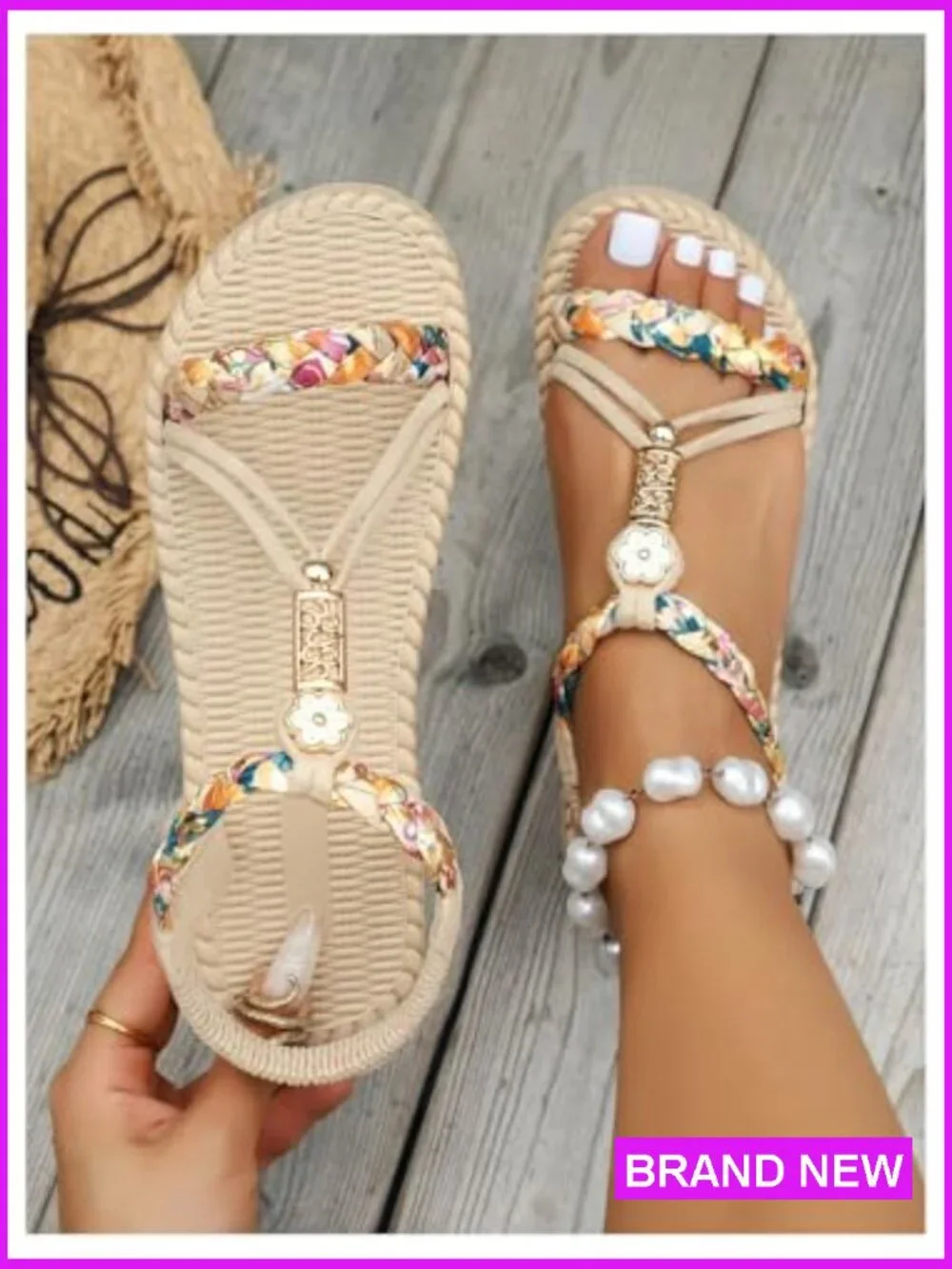 Woven Sandals Floral Print Open Toe Vacation Beach Flat Shoes Ankle Strap